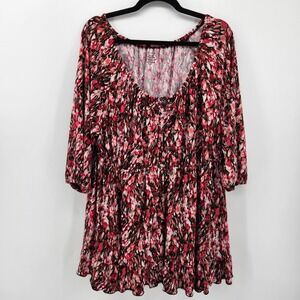 George Womens 2X Red Pink‎ Floral Print 3/4 Sleeve Tie Neck Blouse